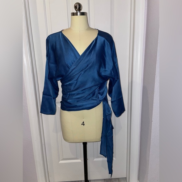 MBS Miranda Bennet Studio Blue Silk Wrap Top